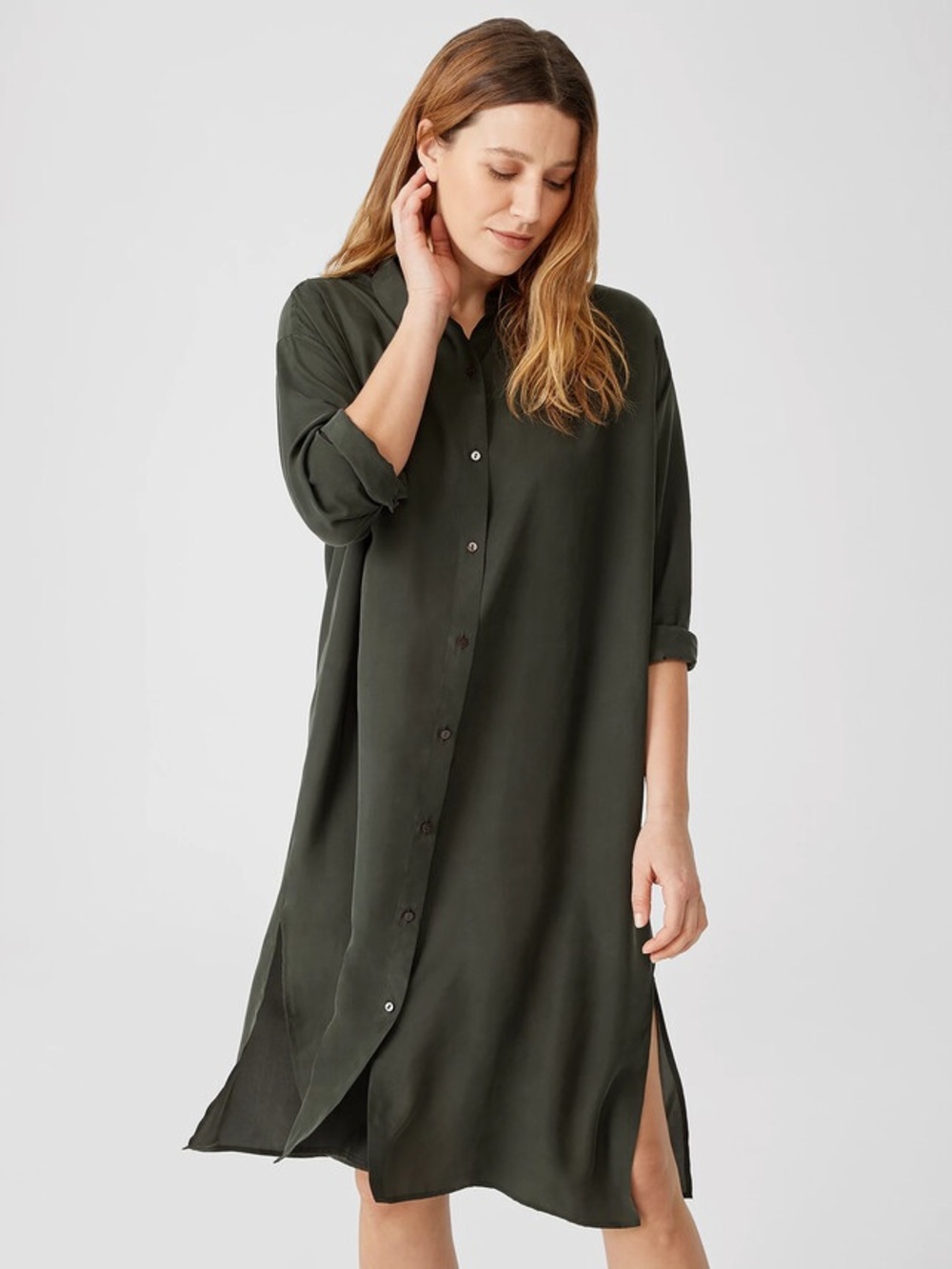 Preloved Eileen Fisher Washed 100% Silk Habutai Olive Green Shirtdress Size XL